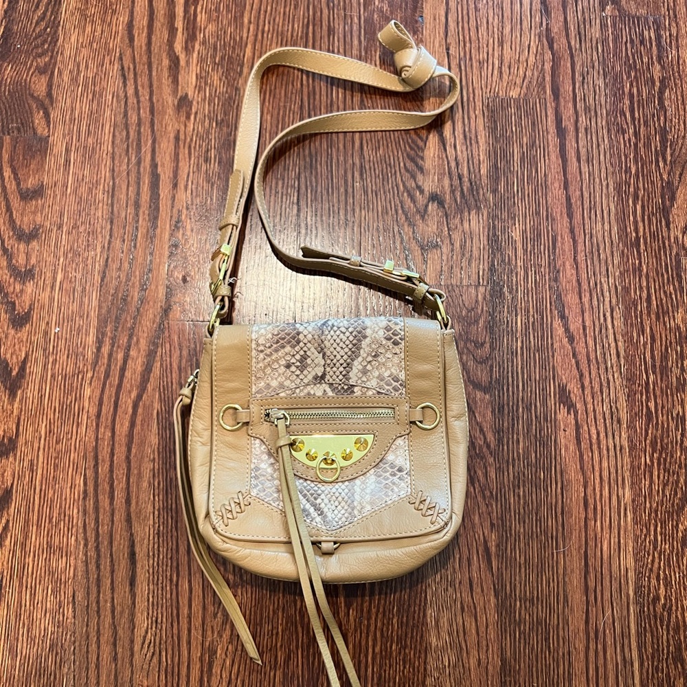 Sam Edelman Tan Leather Crossbody Bag with Gold Hardware & Snakeskin Detailing